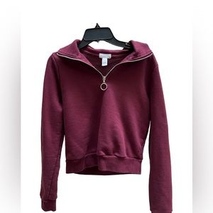 Cotton maroon cropped jacket with a zipper V neck by “Full Tilt”
